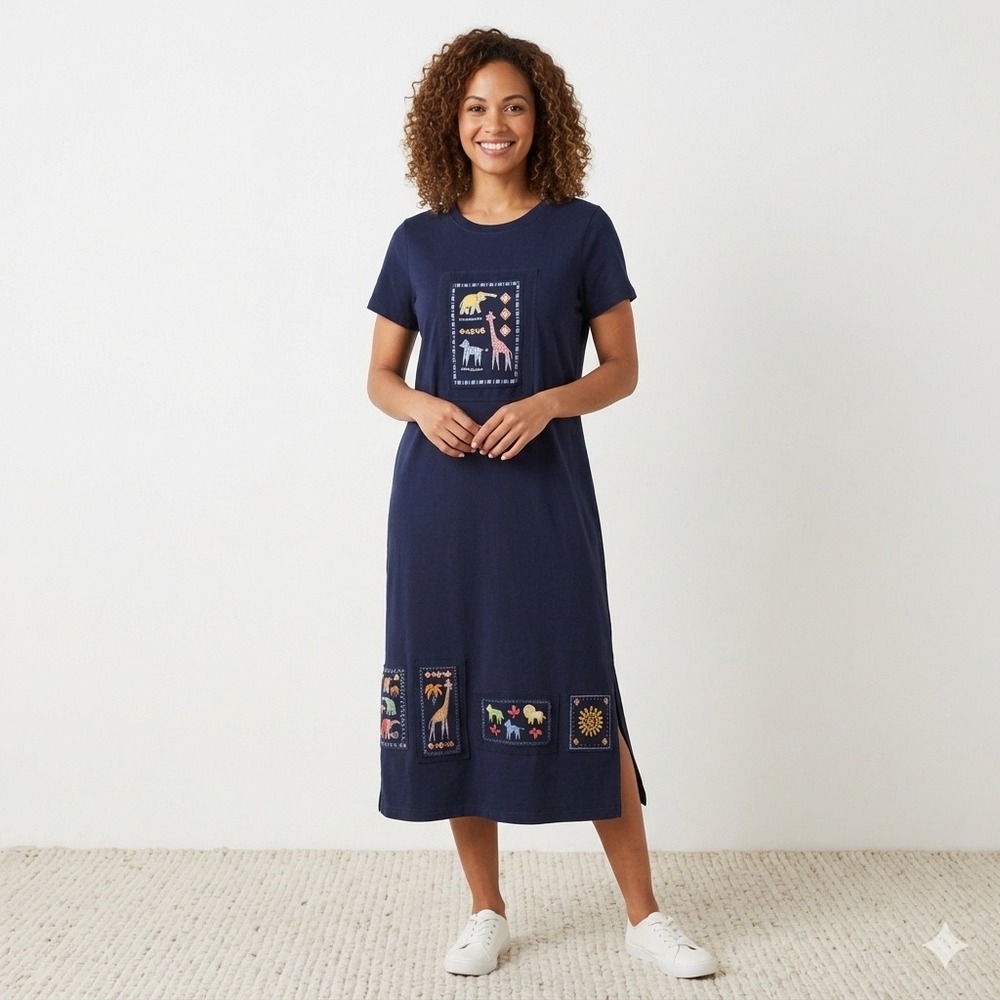 Delicates SPA T-Shirt Dress Women Small Navy Blue Safari Animal Embroidered Midi